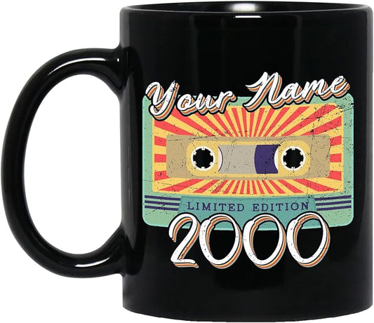 Personalized Vintage Cassette Tape Vintage 2000 Mug, Custom Your Name, 2000 Retro Coffee Mug, 22nd Birthday Present Gifts, 2000 Birthday Gift For Friends Family, Customizable Black Tea Cups