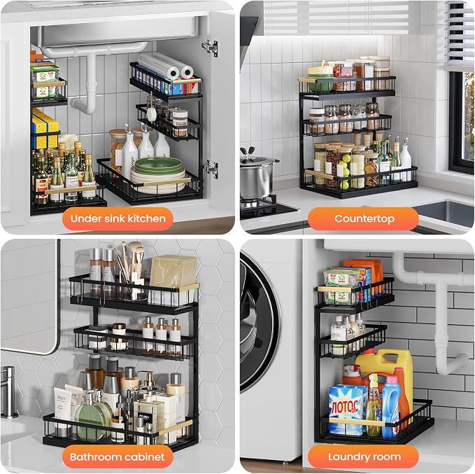 Under Sink Organizer and Storage for Bathroom and Kitchen - Under Cabinet 1 Pack 3 Tier Pull Out Shelf Organizers - Slide Out Drawer Organization for Home Cabinets Shelves and Drawers