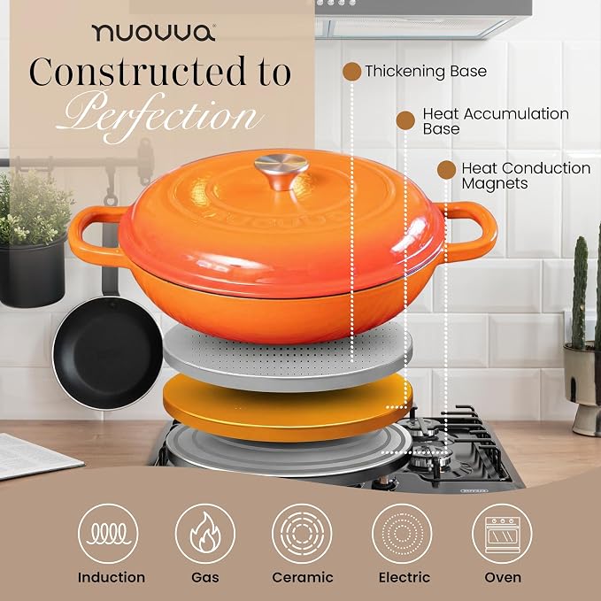 Shallow Cast Iron Casserole with Lid – Non Stick Dutch Oven Pot, Oven Safe up to 500° F – Sturdy Ovenproof Stockpot Cookware – Enamelled Cooking Pot – Orange, 3.7-Quart, 30cm – by Nuovva