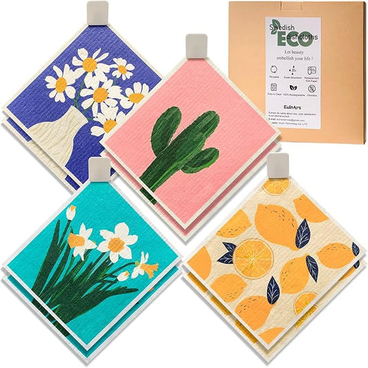 Eulnars Swedish Dishcloths for Kitchen, 8 Pack Reusable Paper Towels with Clips, Non-Scratch Swedish Dish Towels, Super Absorbent Cellulose Sponge Cloths, Assorted