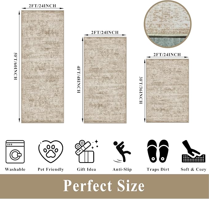 Kitchen Rugs Sets of 3,Washable Non-Slip Kitchen Mats for Hardwood Floor, Boho Farmhouse Kitchen Runner Rug for Sink,Entryway & Hallway & Bathroom (Beige Brown, 2x3+2x4+2x5)