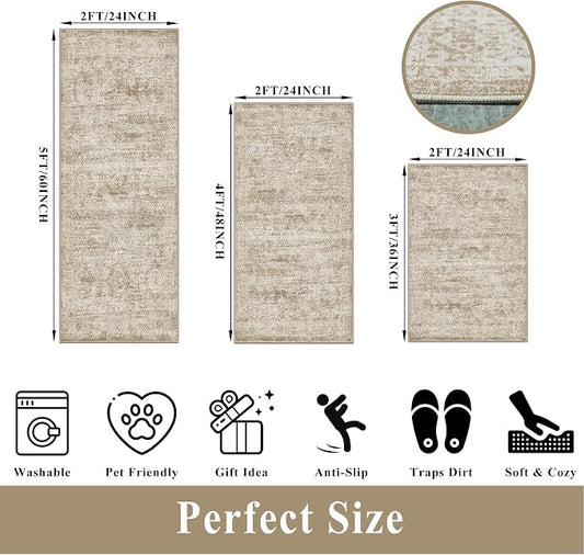 Kitchen Rugs Sets of 3,Washable Non-Slip Kitchen Mats for Hardwood Floor, Boho Farmhouse Kitchen Runner Rug for Sink,Entryway & Hallway & Bathroom (Beige Brown, 2x3+2x4+2x5)