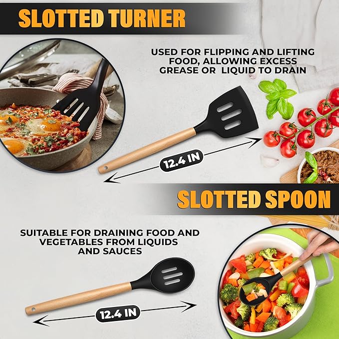 14 PCs Black Silicone Cooking Utensils Set with Holder - Versatile Kitchen Utensils with Sturdy Wooden Handles - Heat Resistance Silicone Kitchen Utensil Set with Holder for All Cooking & Baking Needs