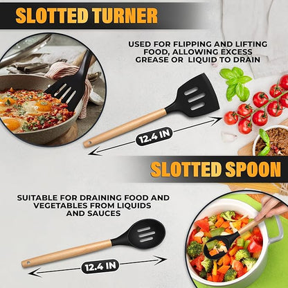14 PCs Black Silicone Cooking Utensils Set with Holder - Versatile Kitchen Utensils with Sturdy Wooden Handles - Heat Resistance Silicone Kitchen Utensil Set with Holder for All Cooking & Baking Needs