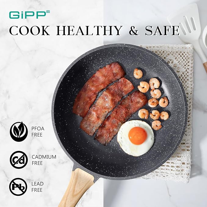 GiPP Non Stick Frying Pan Set - 9.5" 10.2" 11" Ceramic Nonstick Skillets, Non Toxic, Omelette Pan with Stay Cool Handle, Induction Compatible, PFAS/PTFE/PFOA Free, Gray