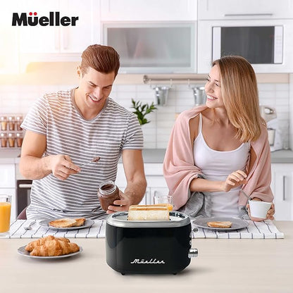 MUELLER HOME Retro Toaster 2 Slice, 7 Browning Levels, 3 Functions (Reheat, Defrost, Cancel), Stainless Steel Features, Removable Crumb Tray, Under Base Cord Storage, Black