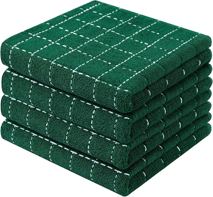 Mordimy 100% Cotton Terry Cloth Kitchen Towels, Super Soft and Absorbent Dish Towels for Drying, Checkered Designed Hand Towels for Kitchen, 13 x 28 Inches, 4 Pack, Dark Green