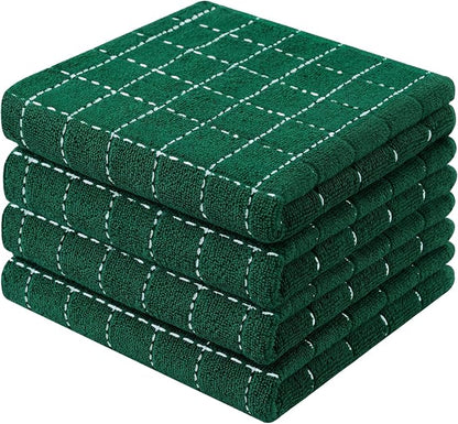 Mordimy 100% Cotton Terry Cloth Kitchen Towels, Super Soft and Absorbent Dish Towels for Drying, Checkered Designed Hand Towels for Kitchen, 13 x 28 Inches, 4 Pack, Dark Green