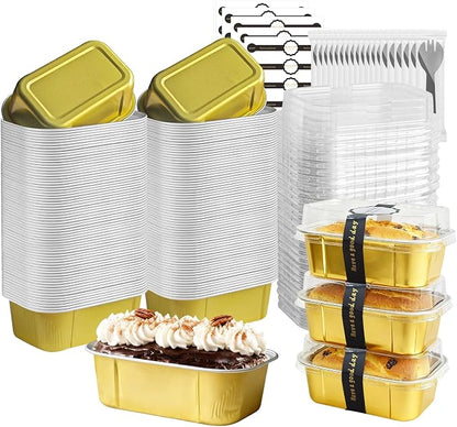 Mini Cake Pans With Lids And Spoons,5.5 oz Rectangle Mini individual Loaf Pans Disposable Aluminum Foil Small Baking Cups Tins (100, Gold)