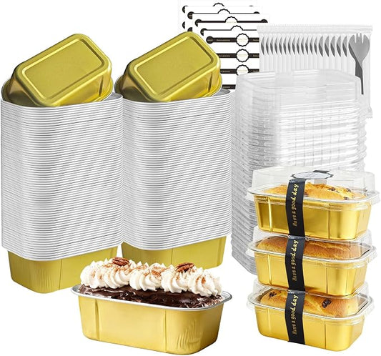 Mini Cake Pans With Lids And Spoons,5.5 oz Rectangle Mini individual Loaf Pans Disposable Aluminum Foil Small Baking Cups Tins (200, Gold)
