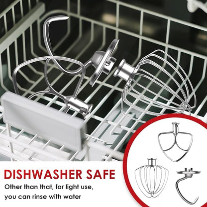 3-Piece Stainless Steel Mixer Attachment Kit for KitchenAid 4.5/5 QT Tilt-Head Mixers, K45WW Wire Whip, K45DH Dough Hook & K45B Coated Flat Beater, Baking Essentials Set, Dishwasher Safe