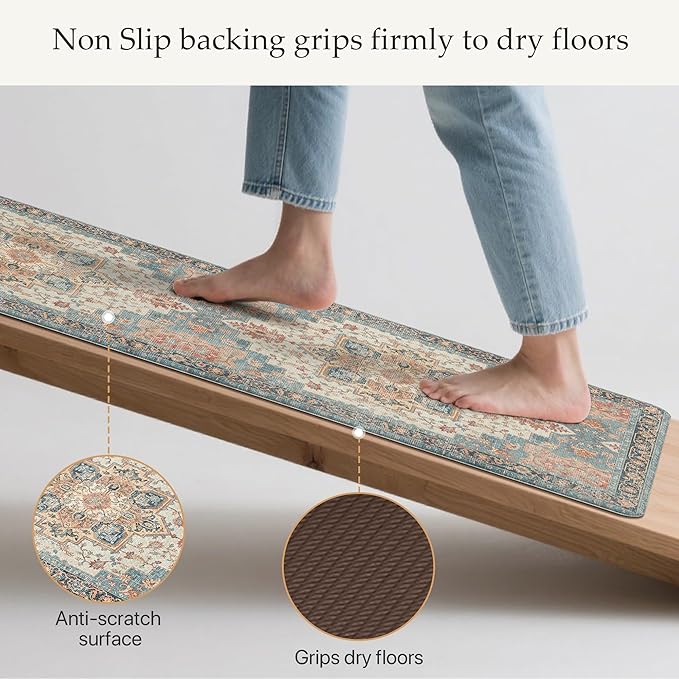 GENIMO Kitchen Mats for Floor 2PCs, Washable Anti Fatigue Mat for Cushioned, 17.3"x47"+17.3"x30", Waterproof Kitchen Rugs, Non Slip Comfort Standing Mat Rug for Home, Sink, Laundry, Blue&Salmon