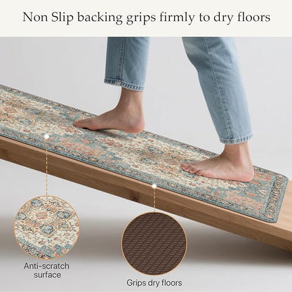 GENIMO Kitchen Mats for Floor, Washable Anti Fatigue Mat for Cushioned, 17.3"x59", Waterproof Kitchen Rugs, Non Slip Foam Comfort Standing Mat Rug for Home, Runner, Sink, Laundry, Blue&Salmon