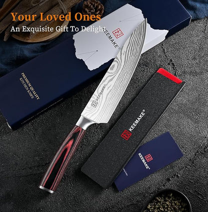 KEEMAKE Chef Knife - 8 Inch High Carbon Stainless Steel Kitchen Knife with Ergonomic Handle, Professional Kitchen Gadgets with Gift Box for Men and Women, Father Day Gifts