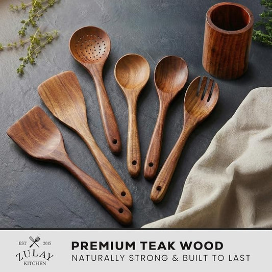 Zulay Kitchen 7-Piece Wooden Cooking Spoons Set – Heat-Resistant, Smooth Teak Utensils with Comfort Grip – Lightweight & Durable – Easy to Clean, Perfect for Non-Stick Cookware