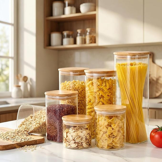 HomArtist Square Glass Jars with Bamboo Lids 79 FL OZ [Set of 3], Glass Canisters with Airtight Lid, Glass Food Storage Containers for Spaghetti, Fettuccine, Linguine,Pasta, Best for Kitchen & Pantry