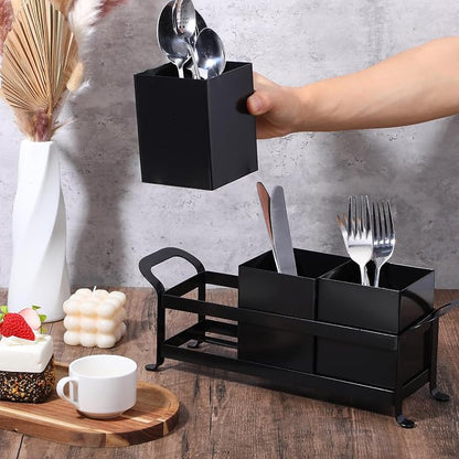 Cutlery Holder, Silverware Caddy Organizer Bin Holder - 3 Compartment Metal Utensil Tray with Drain Holes & Handle for Kitchen Countertop, Dining Table, Parties - Black