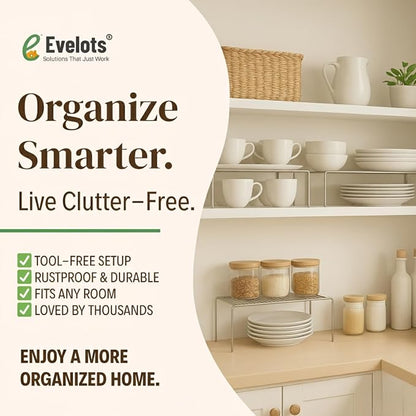 Evelots Kitchen Cabinet Wire Shelf Organizer/Rack - 4 Pack Sturdy Large Metal Shelf Risers - Double Your Counter Space - Great for Kitchen, Freezer, Pantry and Bathroom - Rustproof - Chrome