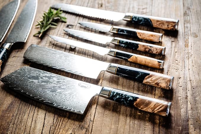 Tidal Collection 8 PCS Damascus Knife Set with stunning black resin and burl wood handles with your engravement.