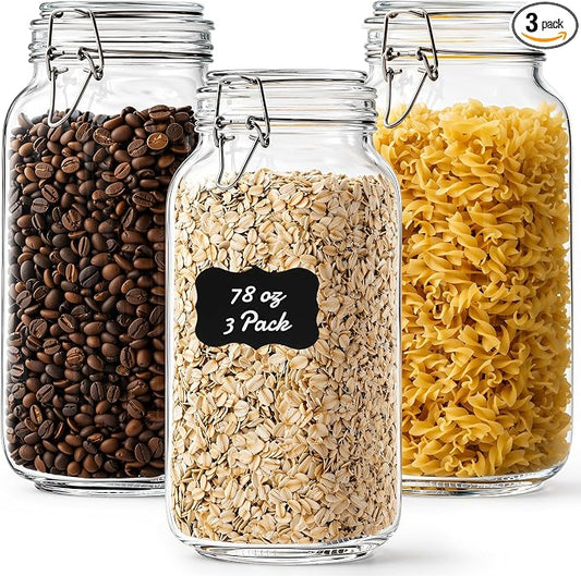 OneDream 78oz Glass Jars with Airtight Lid, 3 Pack Large Glass Storage Jars, Square Canisters for Pantry, Wide Mouth Glass Food Storage Containers for Flour, Sugar, Cereal, Pasta