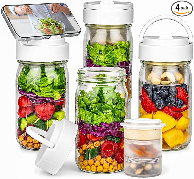 CLEANGOR 4 Pack 32 oz Glass Salad Jars Meal Prep Containers, Leakproof Mason Jars with Handle, 3 Built-in Divider Cups Wet/Dry Separation for Dressing Nuts Dry Ingredients, Ideal for Office Lunch Gym