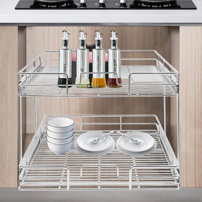 2 Tier Pull Out Cabinet Organizer 21 "W X 22 "D, Double Wire Basket Sliding Shelf, Pull Out Drawer for Kitchen Cabinets, Base Cabinet Organization for Kitchen, Bathroom, Pantry, Chrome (Silver)