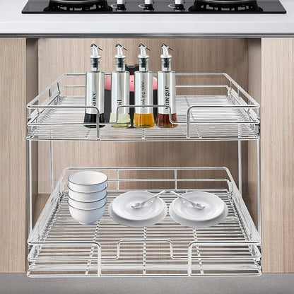 2 Tier Pull Out Cabinet Organizer 21 "W X 22 "D, Double Wire Basket Sliding Shelf, Pull Out Drawer for Kitchen Cabinets, Base Cabinet Organization for Kitchen, Bathroom, Pantry, Chrome (Silver)