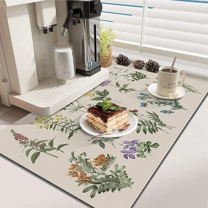 LOKHOM Dish Drying Mat for Kitchen Counter, 16"x24" Absorbent Coffee Bar Mat with Vintage Sage Flower Herbs, Dish Drainer Rack Mat for Kitchen Counter