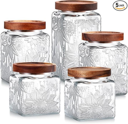 Suclain 5 Pcs Sunflower Vintage Glass Jars with Bamboo Airtight Lid 17/24/34 oz Glass Food Containers Storage for Kitchen Counter Pantry Sugar Flour Coffee Tea Candy Oats Cereal(Square)