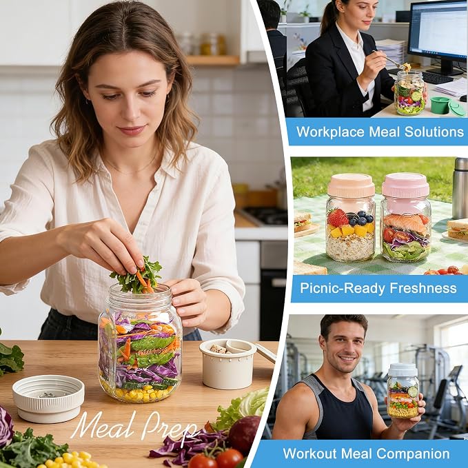 [UPGRADE] 2 Pack Salad Jars with Silicone Dressing Cup, 32 Oz Salad Container for Lunch Meal Prep w Foldable Fork, Separation Divider for Dry Food & Wet Sauce, Salad Pod On The Go for Overnight Oats