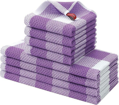 Homaxy Kitchen Towels and Dishcloths Set, 12 x 12 and 13 x 28 Inches, Set of 8 Bulk Cotton Waffle Weave Check Plaid Kitchen Towels, Super Soft and Absorbent Dish Towel, White & Purple