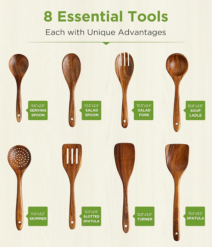 Wooden Utensil Set - 8 Pcs Teak Wooden Spoons for Cooking, Non Toxic, Heat Resistant, Durable & Safe for Kitchen Nonstick Cookware