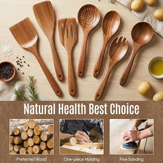 Wooden Cooking Utensils Set with Holder, 8 Pcs Teak Wood Kitchen Utensils for Nonstick Cookware, Wooden Spoons and Spatulas for Cooking, Farmhouse Kitchen Accessories