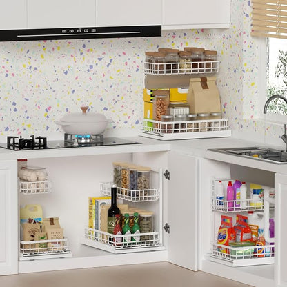 Under Sink Organizer, Adjustable Height Pull-Out Kitchen Storage Organization,15.8" x 11.8" x 16.5", 2-Tier Kitchen Shelf, Bathroom Drawer Organizer, 2 Pack|White