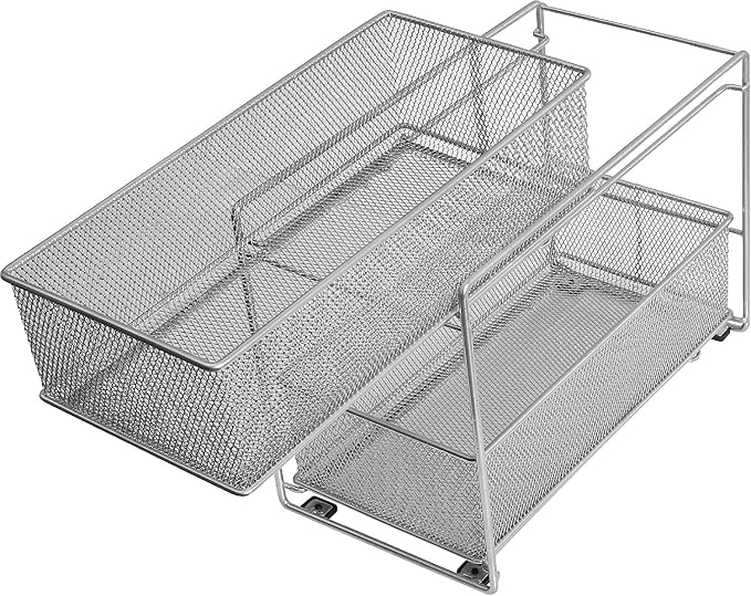 YBM HOME Pack of 4 Silver 2 Tier Mesh Sliding Spice and Sauces Basket Cabinet Organizer Drawer 2304-4