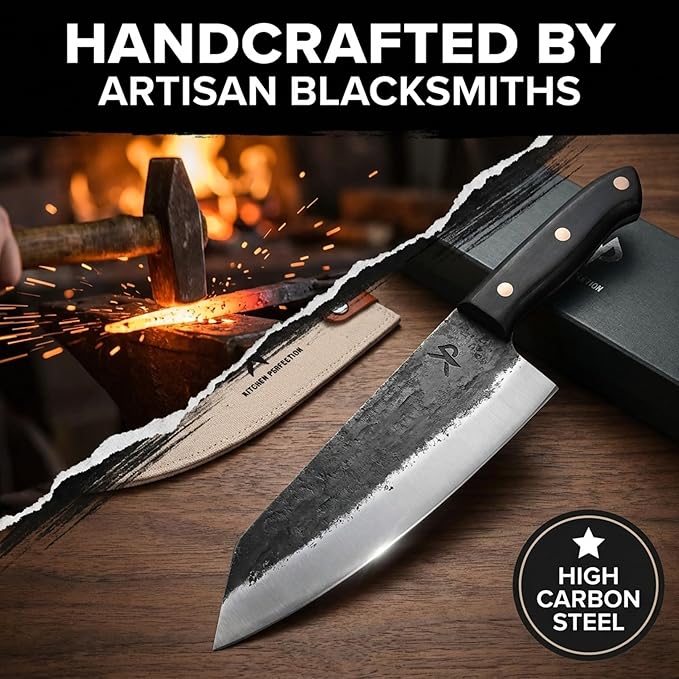 Kitchen perfection Handmade Chefs Carving Knife For Meat Cutting- Extremely Sharp Cooking Knife 8 Inch -Hand Sharpen Best Gift For Men - High Carbon Steel w/Canvas Sheath