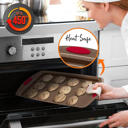 NutriChef 2-Piece Nonstick Baking Pan Set – Carbon Steel Cookie Sheet w/Red Silicone Grip Handles – Durable, Heavy-Duty Bakeware for Even Heat Distribution – Oven Safe, Easy Cleanup – Golden