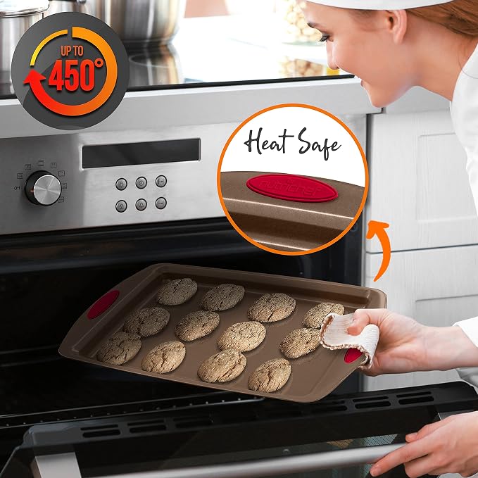 NutriChef 2-Piece Baking Pan Set - Premium Non-Stick Coating Carbon Steel Bakeware w/ Silicone Handles - PFOA, PFOS, PTFE Free Kitchen Oven Bake Tray, Cookie Sheets - Bronze, 17.3"x11.4"x1.2"