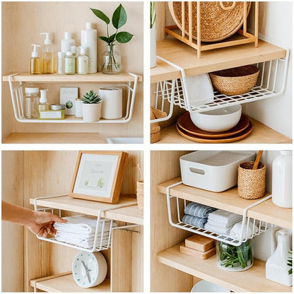 4-Pack White Under Cabinet Storage Baskets – Hanging Shelf Organizers for Kitchen, Pantry, Desk & Bookshelf – No-Tool Installation, Space-Saving Design