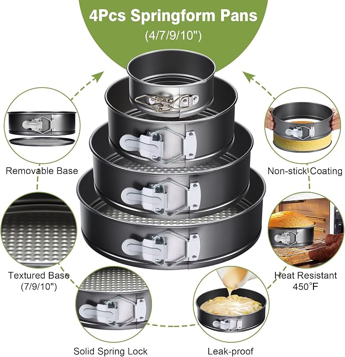 139PCS Springform Cake Pan Set - 4 Non-stick Cheesecake Pans(4/7/9/10-Inch) + Cake Decorating Supplies: Parchment Paper, Pastry Bags and Tips, Icing Scrapers, Cake Cutting Set & More