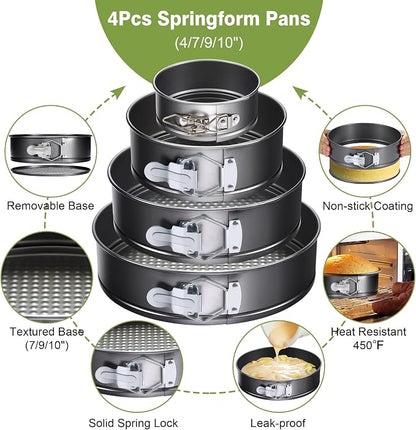 139PCS Springform Cake Pan Set - 4 Non-stick Cheesecake Pans(4/7/9/10-Inch) + Cake Decorating Supplies: Parchment Paper, Pastry Bags and Tips, Icing Scrapers, Cake Cutting Set & More