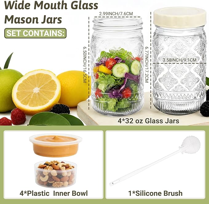 STARSIDE 4 Pack Glass Salad Jars with Plastic Lids Meal Prep, 32oz Mason Jars with Dressing Container, Leakproof Portable Salad Container for Lunch, Wet/Dry Separation Salad Pod for On-the-Go Meals
