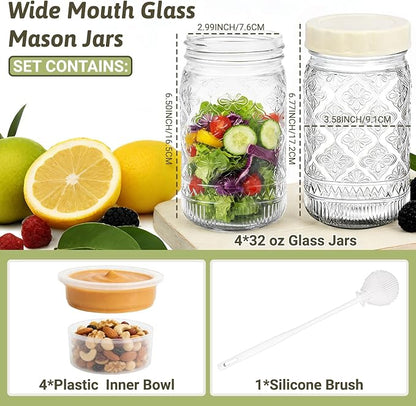 STARSIDE 4 Pack Glass Salad Jars with Plastic Lids Meal Prep, 32oz Mason Jars with Dressing Container, Leakproof Portable Salad Container for Lunch, Wet/Dry Separation Salad Pod for On-the-Go Meals