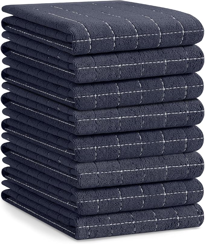 Homaxy 100% Cotton Terry Kitchen Towels(Dark Grey, 20 x 28 inches), Checkered Designed, Soft and Super Absorbent Dish Towels, Large 8 Pack