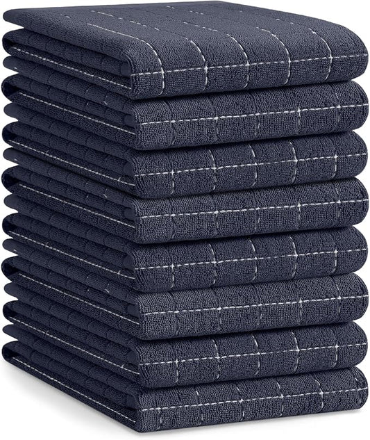 Homaxy 100% Cotton Terry Kitchen Towels(Dark Grey, 20 x 28 inches), Checkered Designed, Soft and Super Absorbent Dish Towels, Large 8 Pack