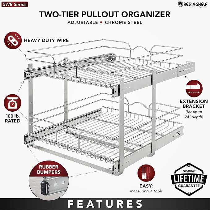 Rev-A-Shelf 2-Tier Pullout Shelf and Drawer Organizer for Kitchen Cabinets, Slide Out Storage Basket, Min Opening Width of 20.5", 21" x 22", 5WB2-2122CR-1