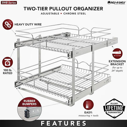 Rev-A-Shelf 2-Tier Pullout Shelf and Drawer Organizer for Kitchen Cabinets, Slide Out Storage Basket, Min Opening Width of 20.5", 21" x 22", 5WB2-2122CR-1