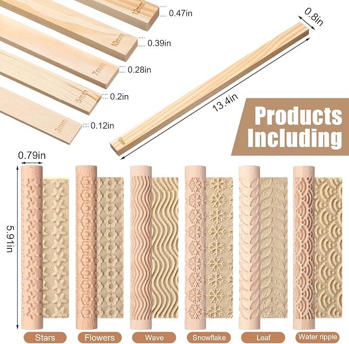 Colingmill 16 Pcs Christmas Pottery Teaching Rolling Mud Stick Guide and Clay Rollers Textured Set Includes 10 Pcs 5 Size Wooden Rolling Pin Guides Sticks 6 Patterns Clay Modeling Pattern Rollers