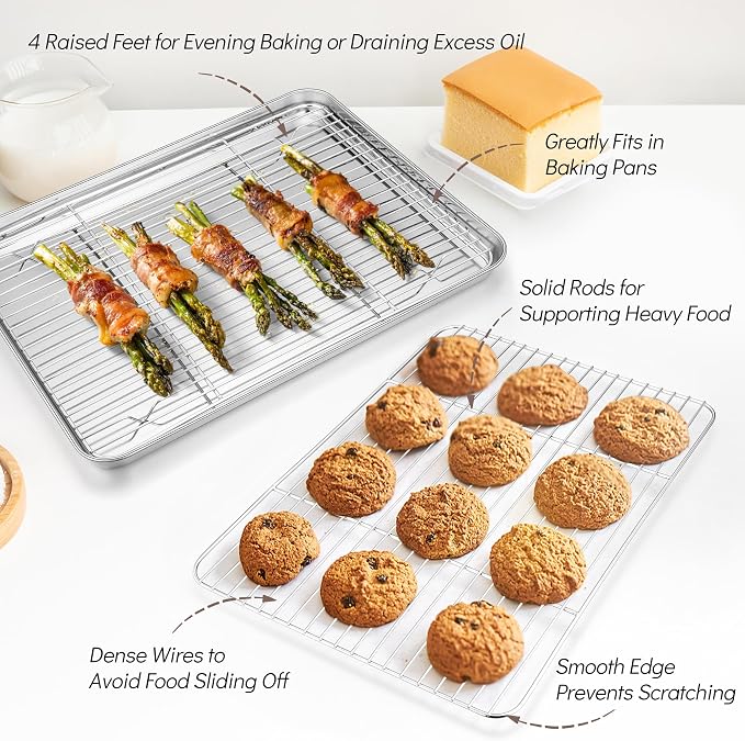 TeamFar Baking Sheet with Rack Set (2 Pans + 2 Racks), 16 x 12 x 1 Inch, Stainless Steel Baking Pan Cookie Sheet with Cooling Rack for baking, Non Toxic & Healthy, Easy Clean & Dishwasher Safe
