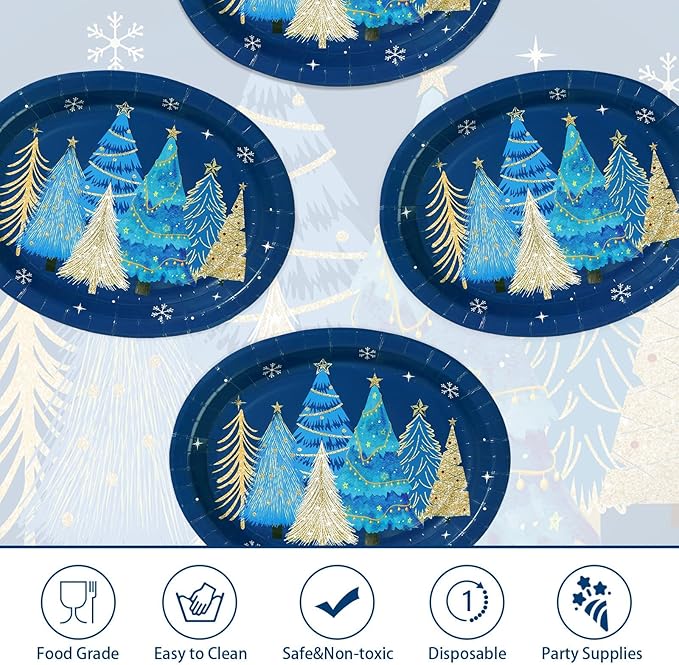 50Pcs Blue Christmas Tree Oval Plates 10” x 12” Christmas Tree Heavy Duty Oval Paper Plates Santa Party Tableware Supplies for Winter Xmas Holiday Party Decorations